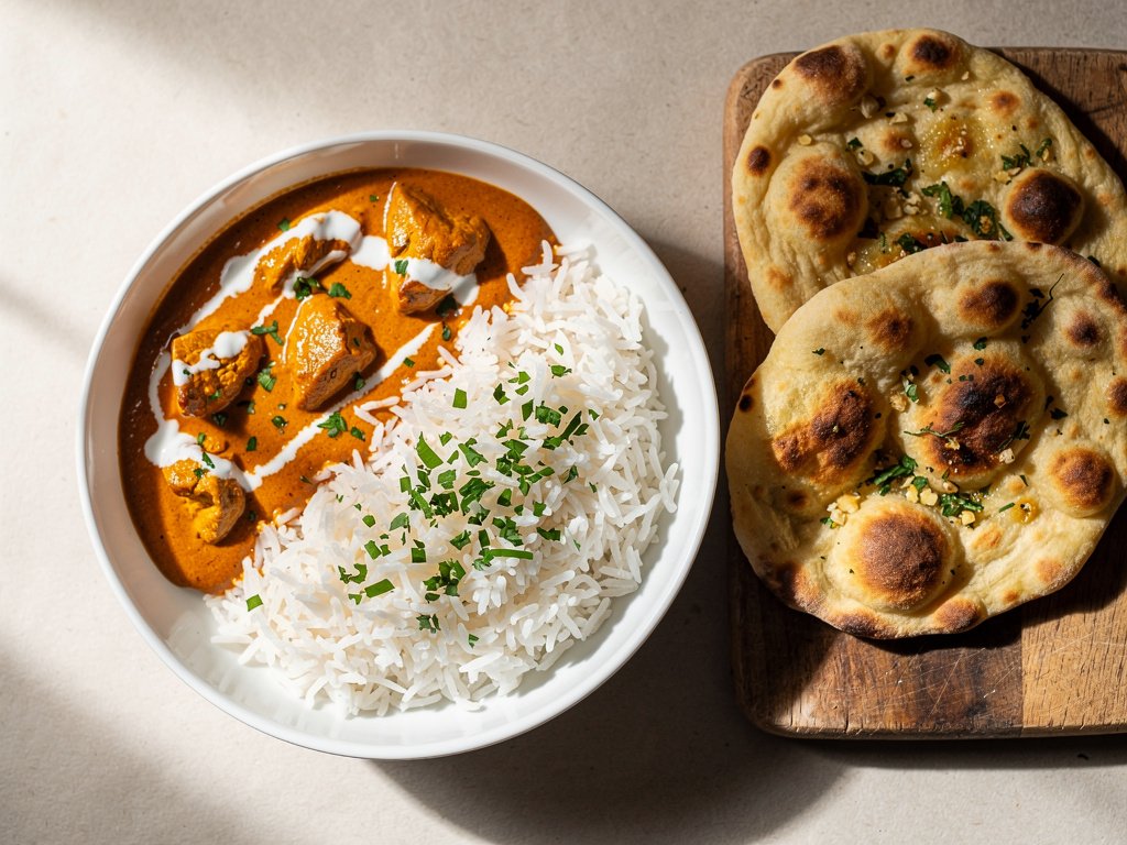 Homemade Butter Chicken with Garlic Naan and Basmati Rice