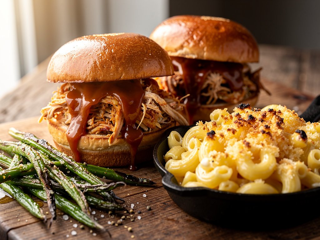 Honey BBQ Pulled Chicken Sandwiches with Baked Mac and Cheese