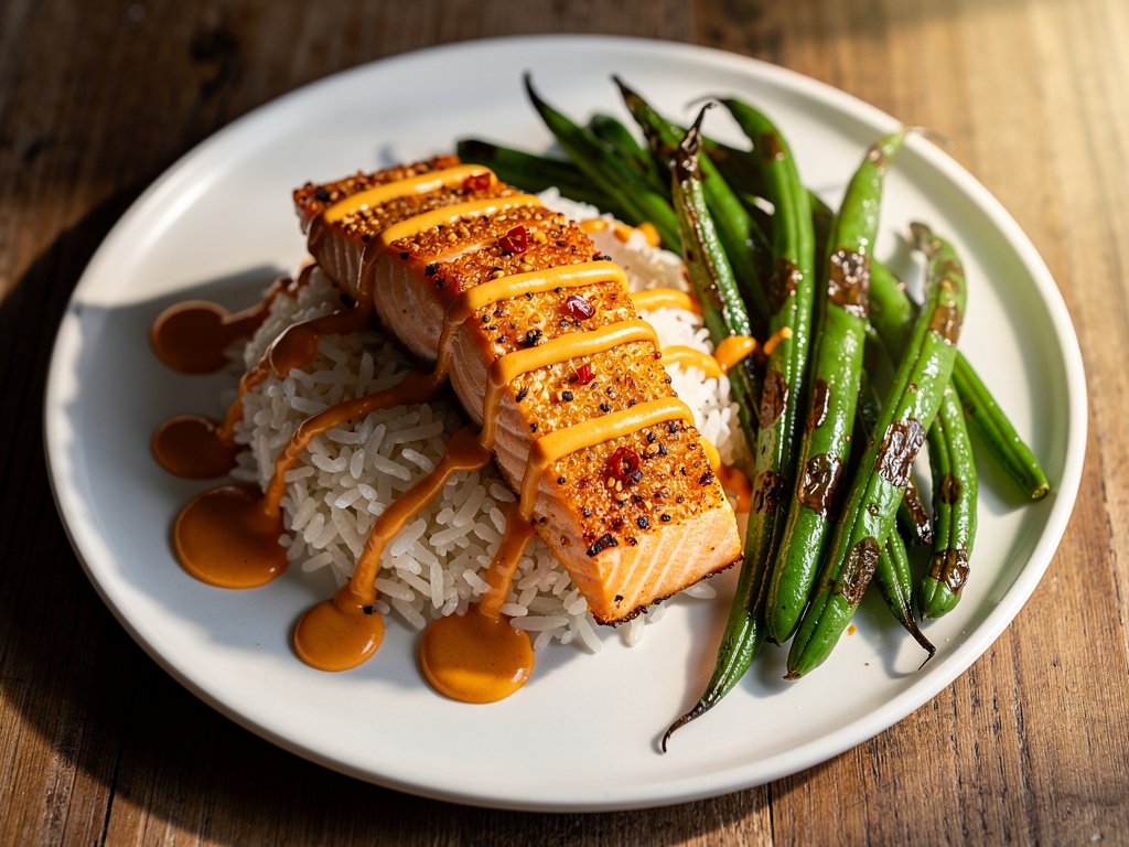 Honey Chili Crisp Salmon with Jasmine Rice and Green Beans