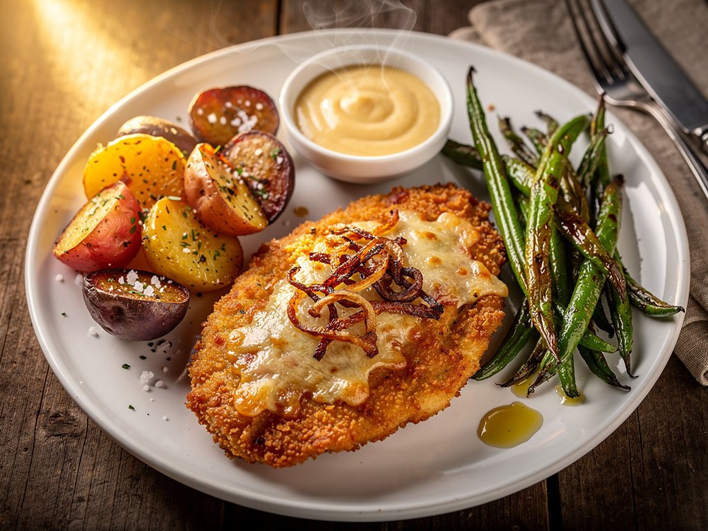 Honey Dijon Onion Crunch Chicken with Roasted Green Beans and Baby Potatoes