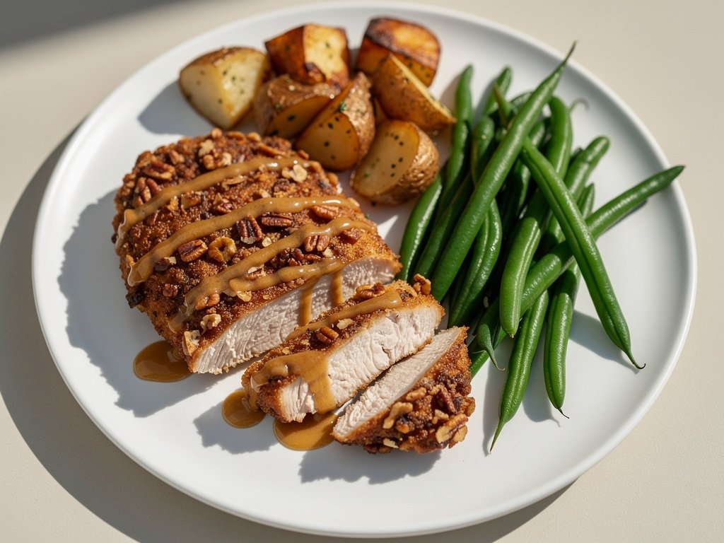 Honey Dijon Pecan Crusted Chicken with Roasted Potatoes and Green Beans