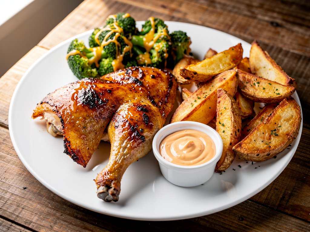 Honey Mustard Roasted Half Chicken with Potato Wedges and Cheesy Broccoli