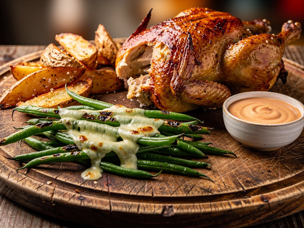 Honey Mustard Roasted Half Chicken with Potato Wedges and Cheesy Green Beans