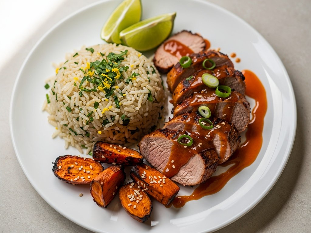 Honey Sriracha Glazed Pork Tenderloin with Roasted Sesame Carrots and Cilantro Lime Rice
