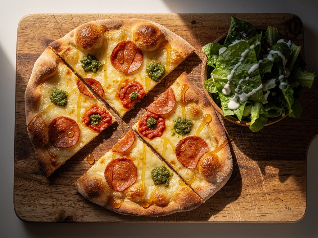 Hot Honey Pepperoni Flatbreads with Pesto and Ranch Salad