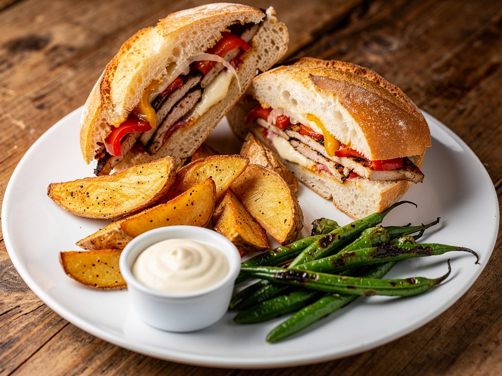 Italian Chicken and Pepper Sandwiches with Roasted Potatoes and Green Beans