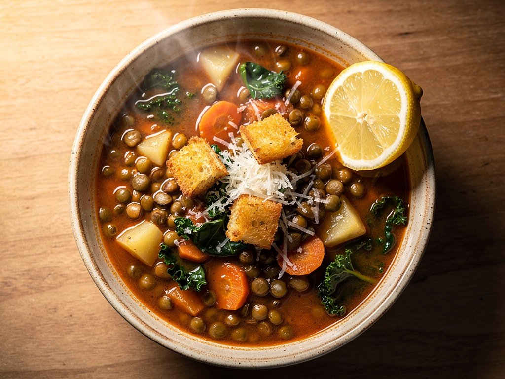 Italian Lentil and Kale Soup with Potatoes and Croutons