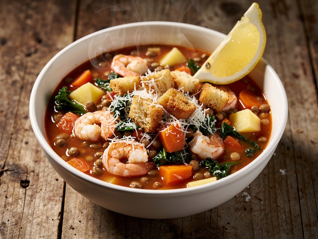 Italian Shrimp and Lentil Soup with Kale and Potatoes