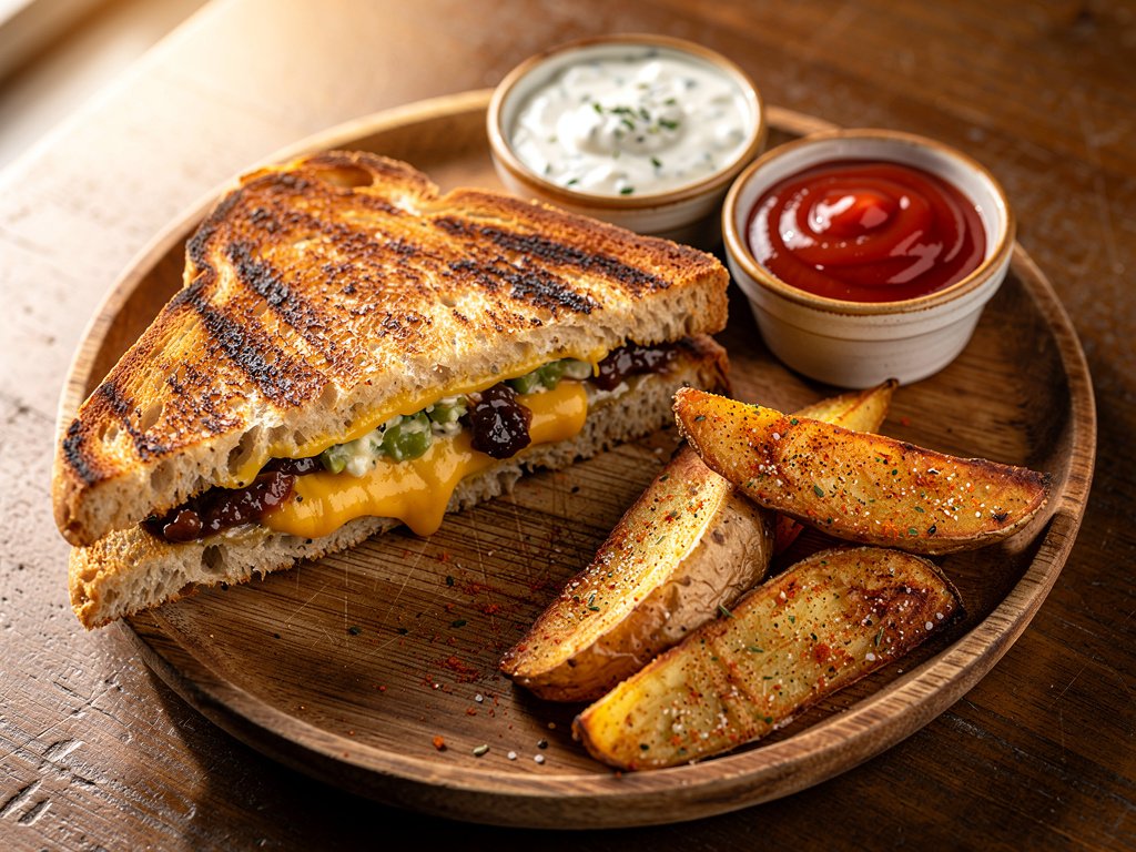 Spicy Jalapeño Popper Grilled Cheese with Bacon Jam and Crispy Potato Wedges