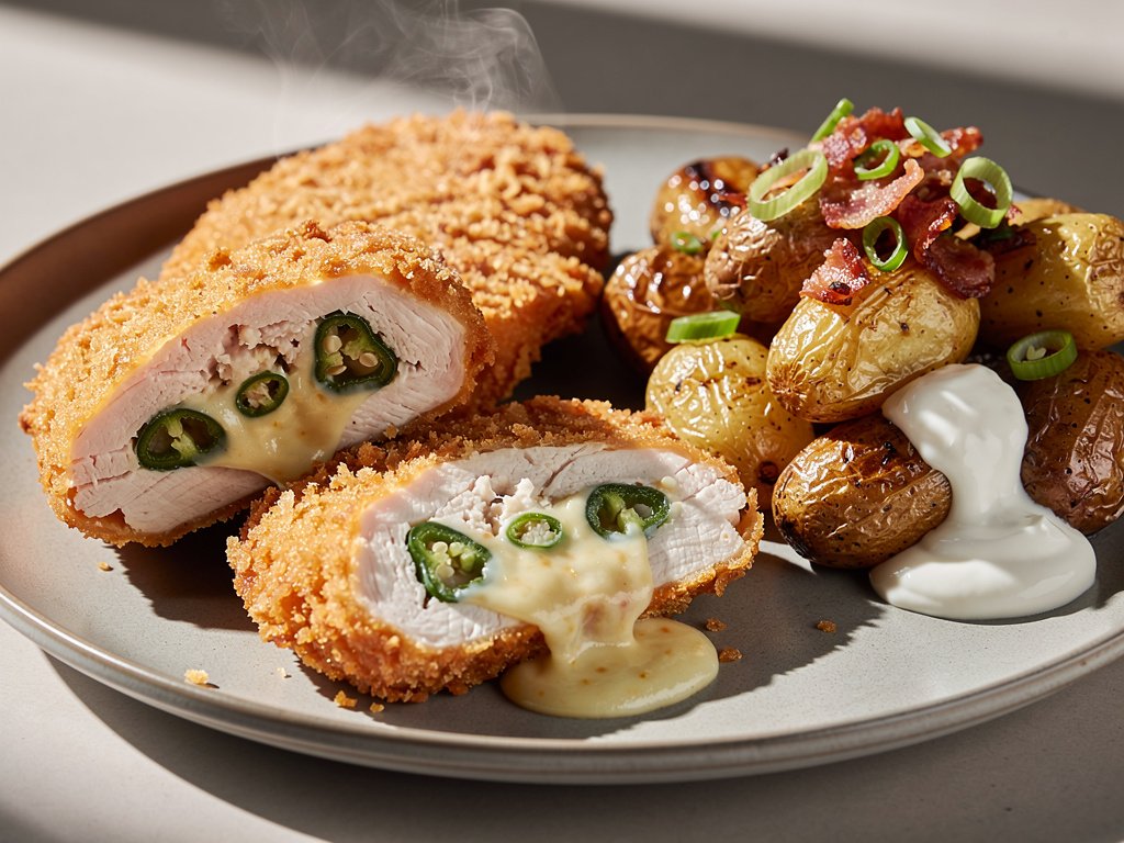 Jalapeño Popper Stuffed Chicken with Crispy Panko Crust and Bacon Fingerling Potatoes