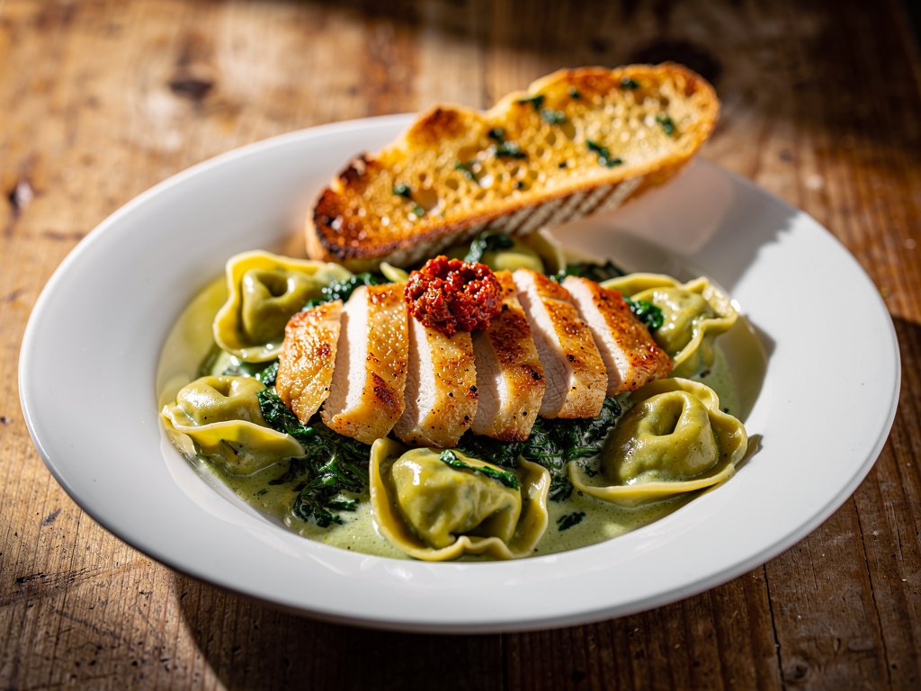 Jumbo Tortelloni with Sun-Dried Tomato Chicken and Creamy Spinach Sauce