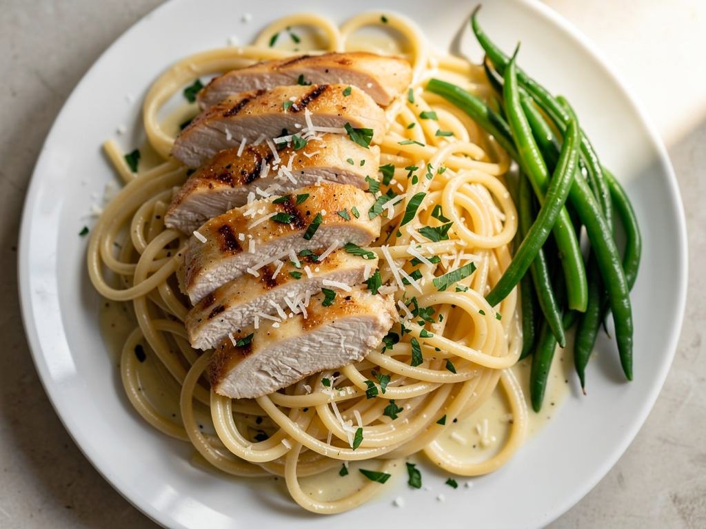 Lemon Garlic Chicken Linguine with Parmesan Green Beans