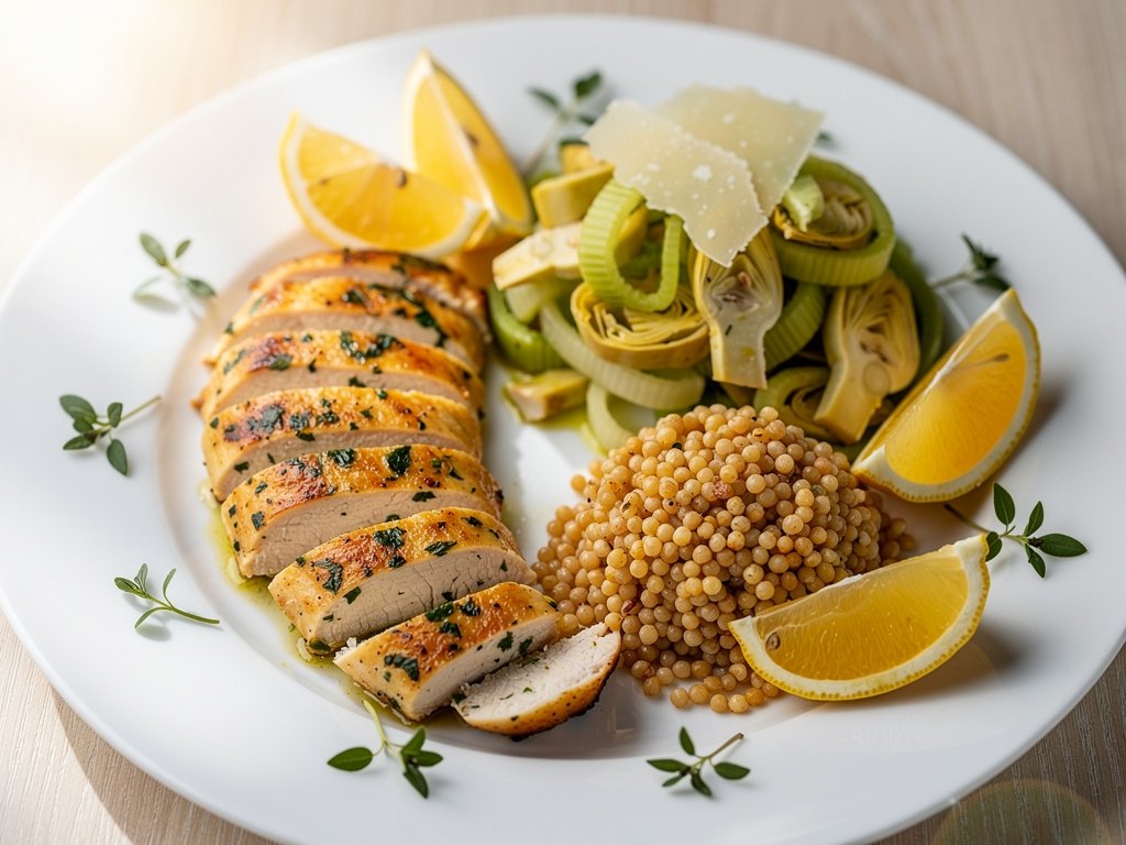 Lemon Herb Chicken with Pearl Couscous and Artichoke-Celery Salad