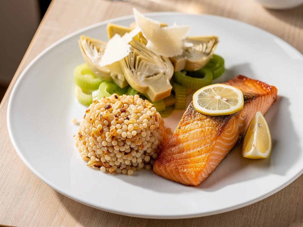Lemon Herb Salmon with Toasted Couscous and Artichoke Celery Salad