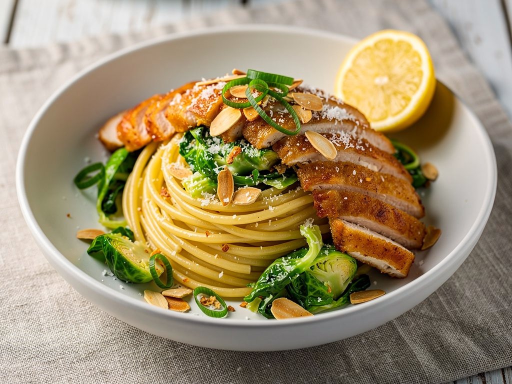 Lemon Parmesan Linguine with Chicken and Brussels Sprouts