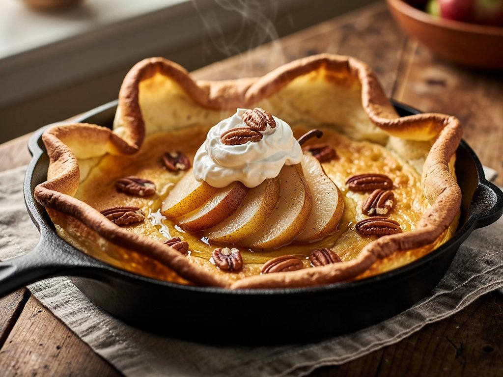 Lemon Ricotta Dutch Baby with Spiced Pears and Maple Crème Fraîche