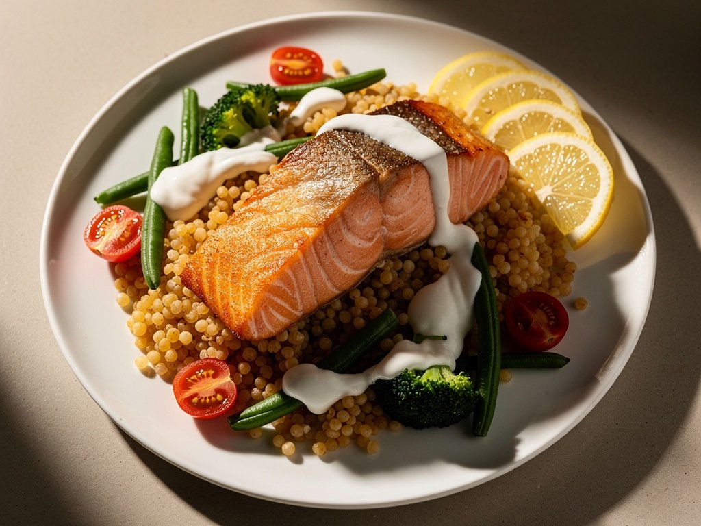Lemon Salmon with Herbed Israeli Couscous, Broccoli & Tomatoes
