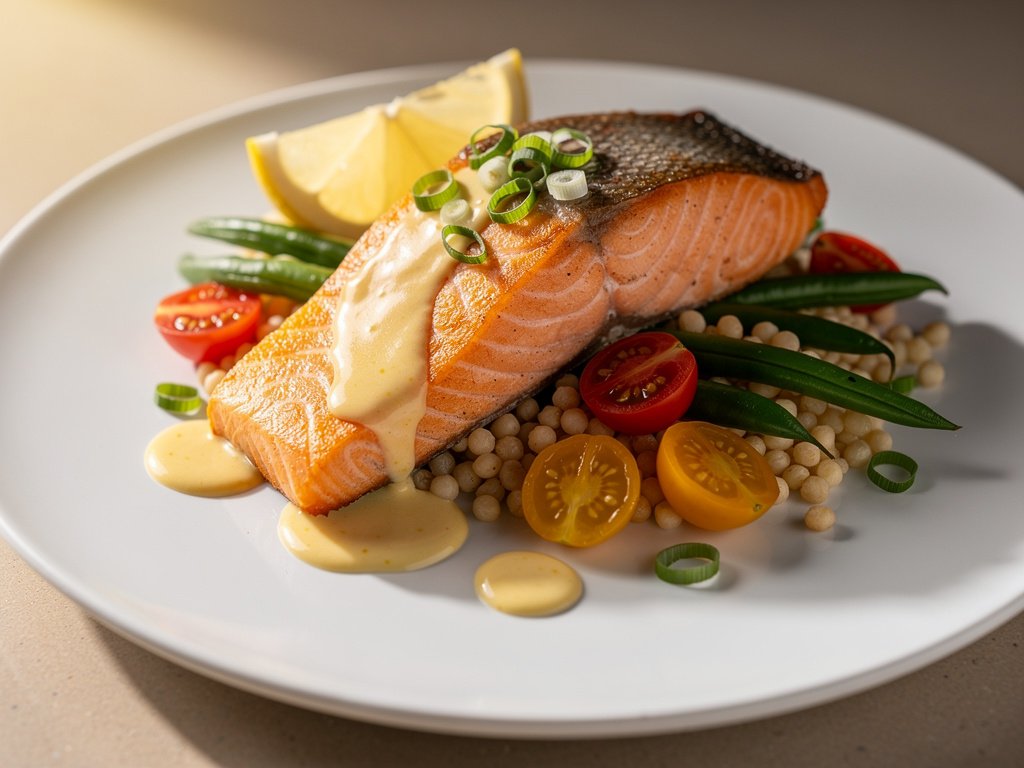 Lemon Salmon with Herbed Couscous, Green Beans, and Tomatoes