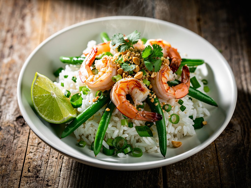 Quick Lemongrass Basil Shrimp with Zesty Rice and Green Beans
