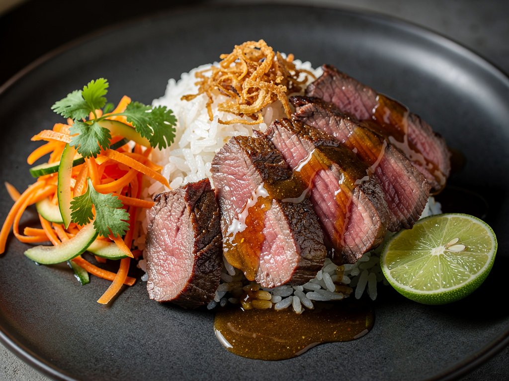 Lemongrass Ponzu Bavette Steak with Pickled Salad and Crispy Onions