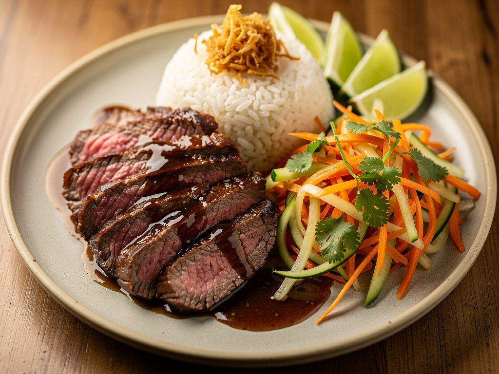Lemongrass Ponzu Steak with Rice and Pickled Cucumber Salad