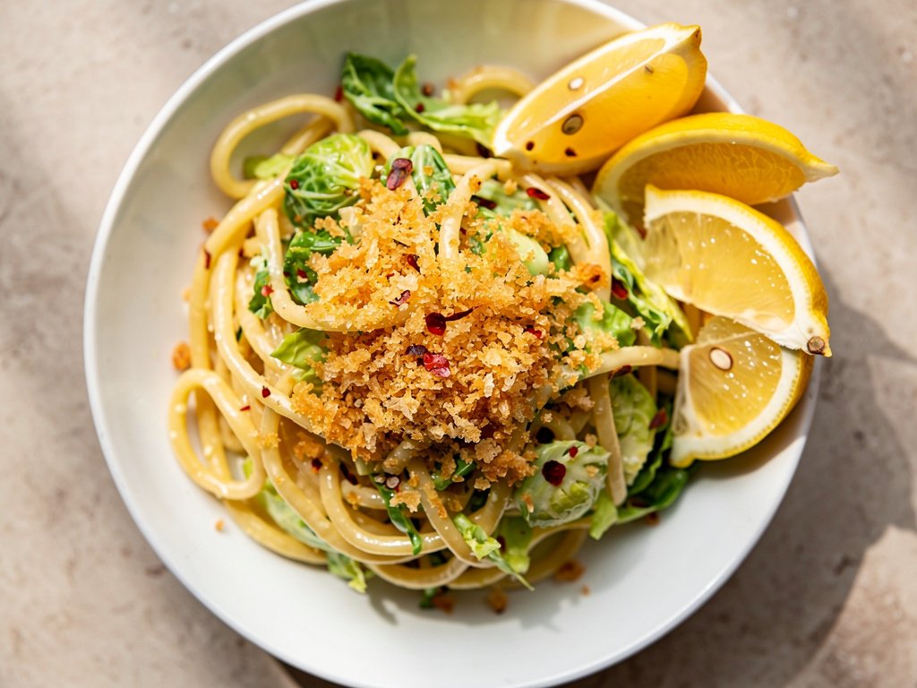 Lemony Brussels Sprouts Linguine with Toasted Panko