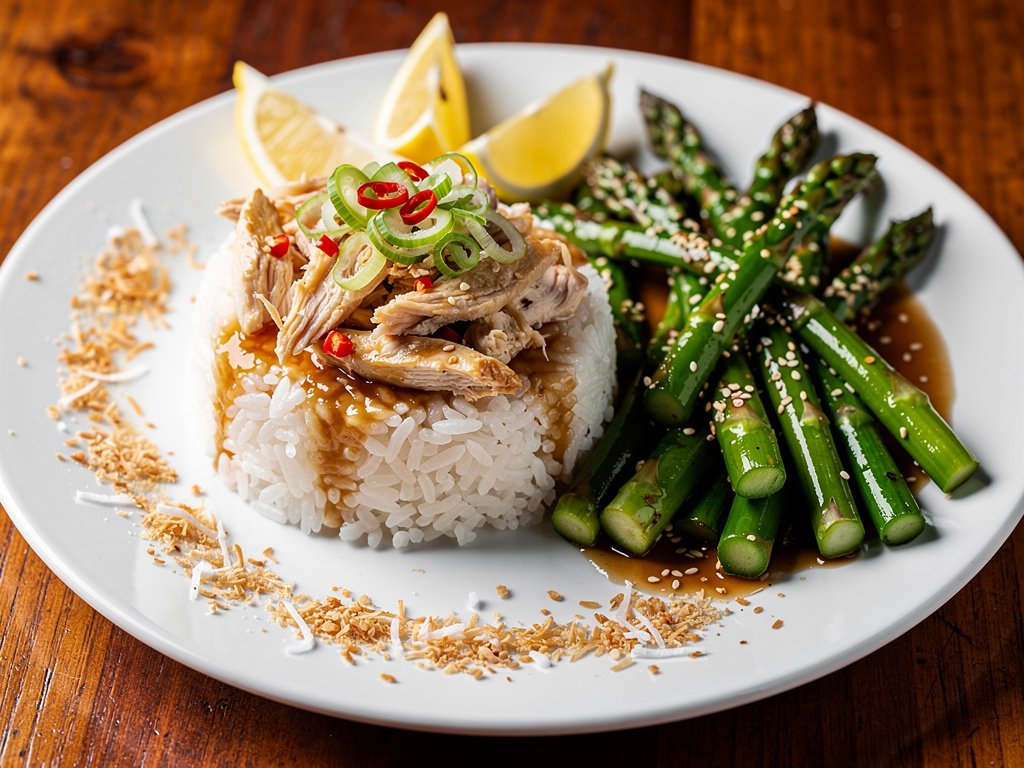 Lemony Chamorro Chicken Kelaguen with Coconut Rice and Sesame Ginger Asparagus