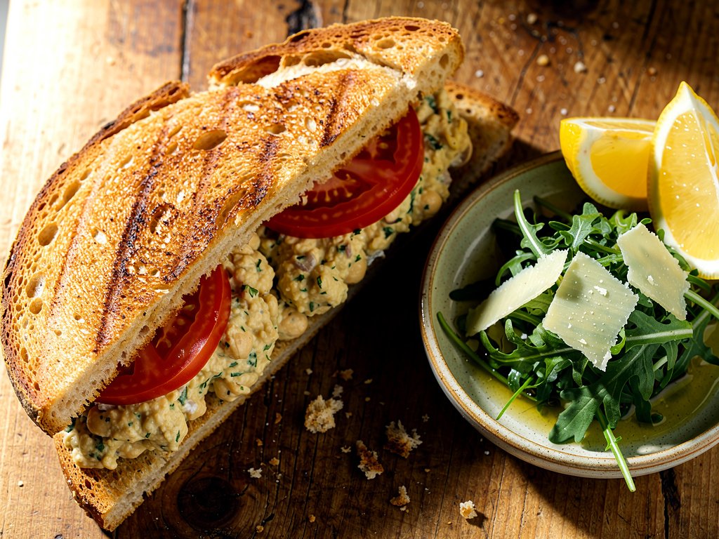 Lemony Herb Chickpea Salad Sandwiches with Arugula Parmesan Salad