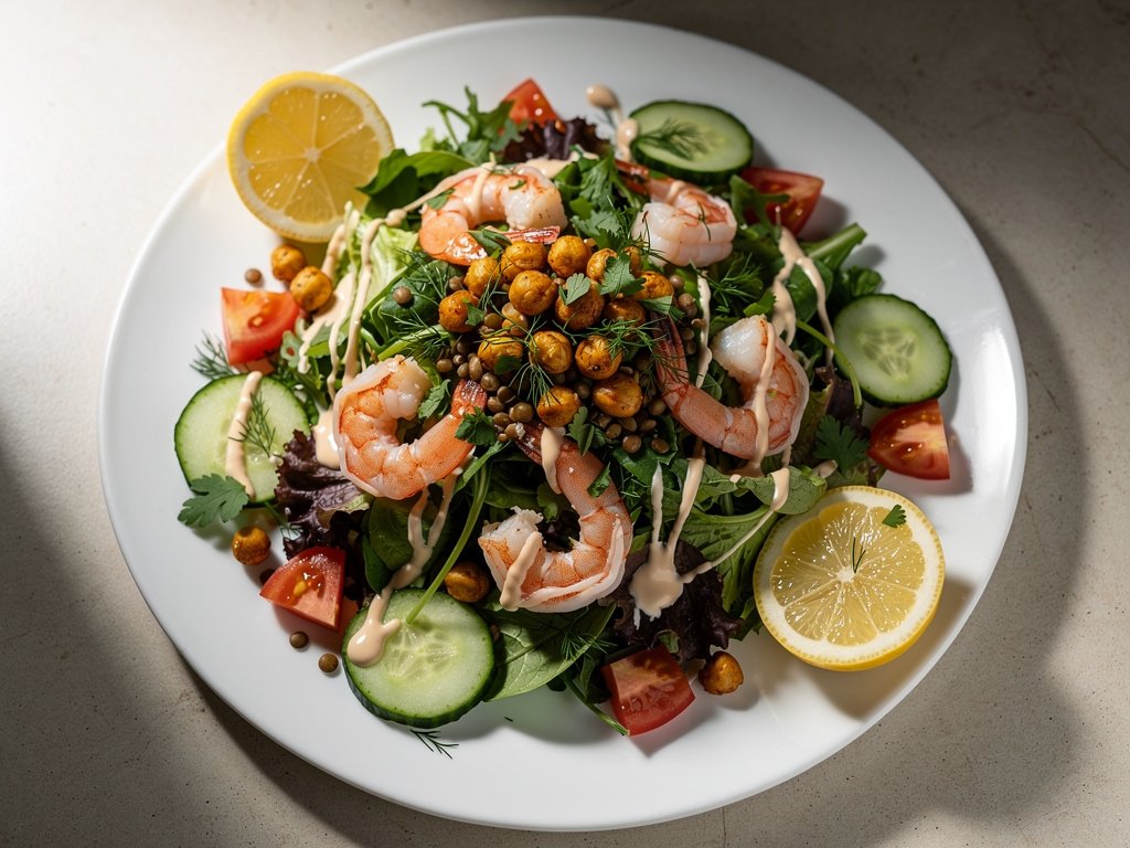 Lemony Roasted Garlic Shrimp Salad with Crispy Chickpeas and Lentils