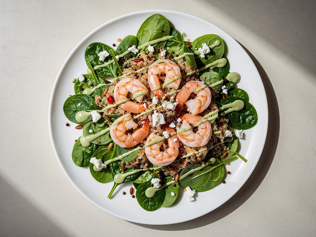 Lemony Shrimp and Grain Spinach Salad with Creamy Green Goddess Dressing