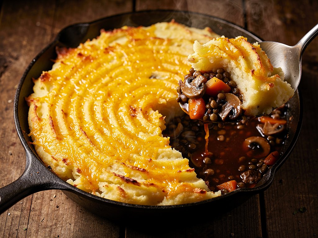 Hearty Lentil, Mushroom & Carrot Shepherd's Pie with Cheddar Mashed Potatoes