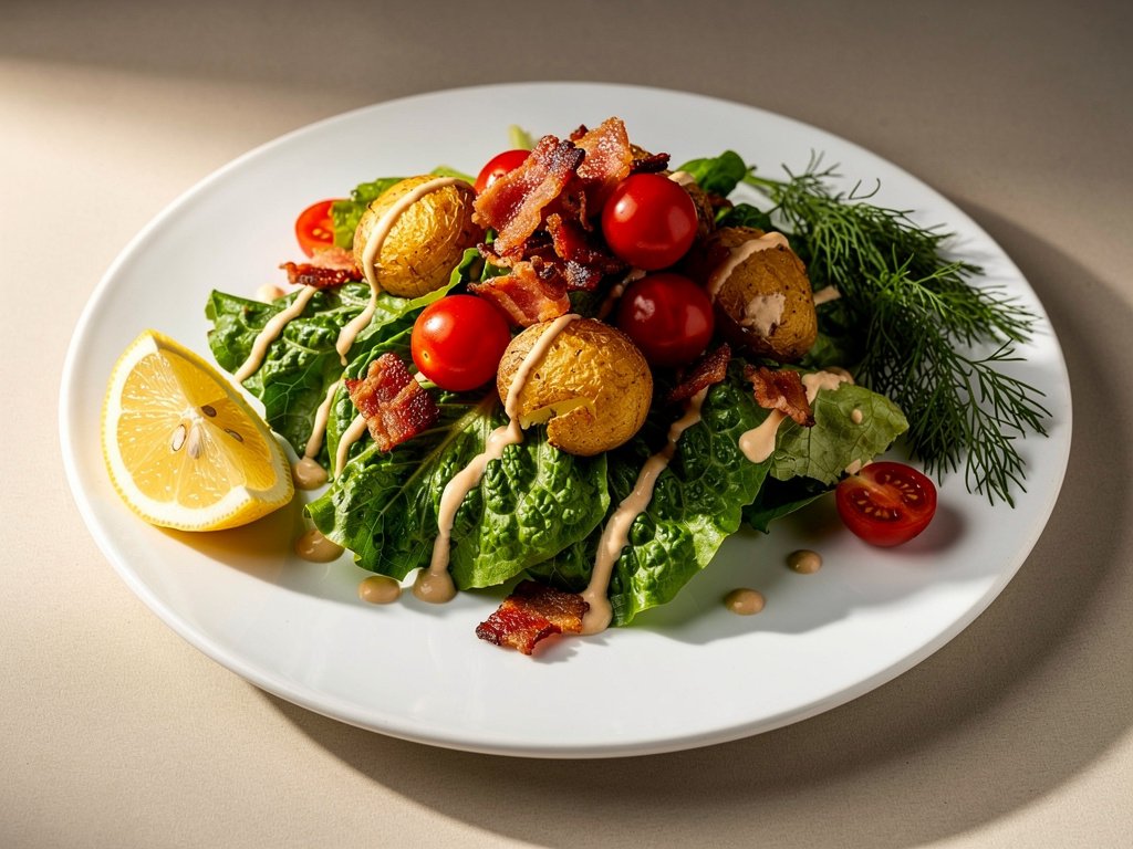 Loaded BLT Salad with Crispy Smashed Potatoes and Creamy Lemon-Dill Dressing