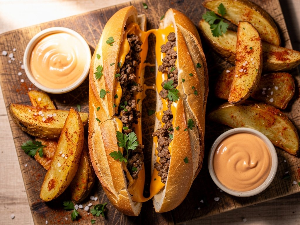 Loaded Cheeseburger Stuffed Baguettes with Smoky Potato Wedges and Special Sauce