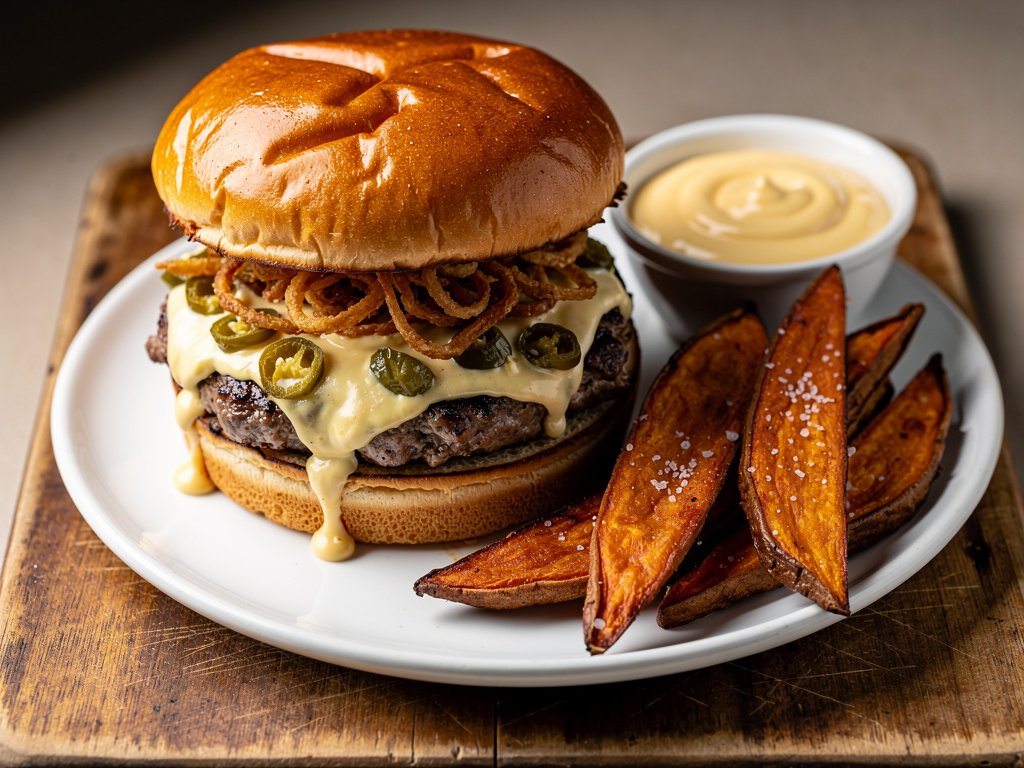 Loaded Pork Burgers with Roasted Jalapeño Cheese Sauce and Sweet Potato Wedges