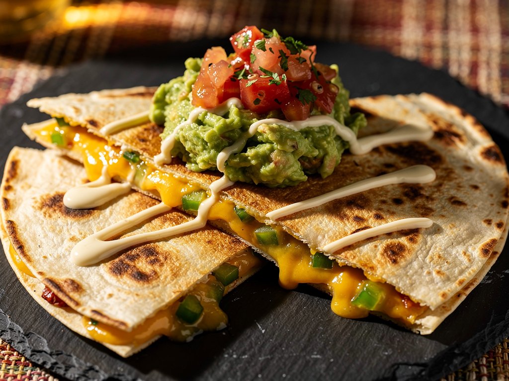 Loaded Rajas Quesadillas with Salsa Fresca, Southwest Crema, and Guacamole