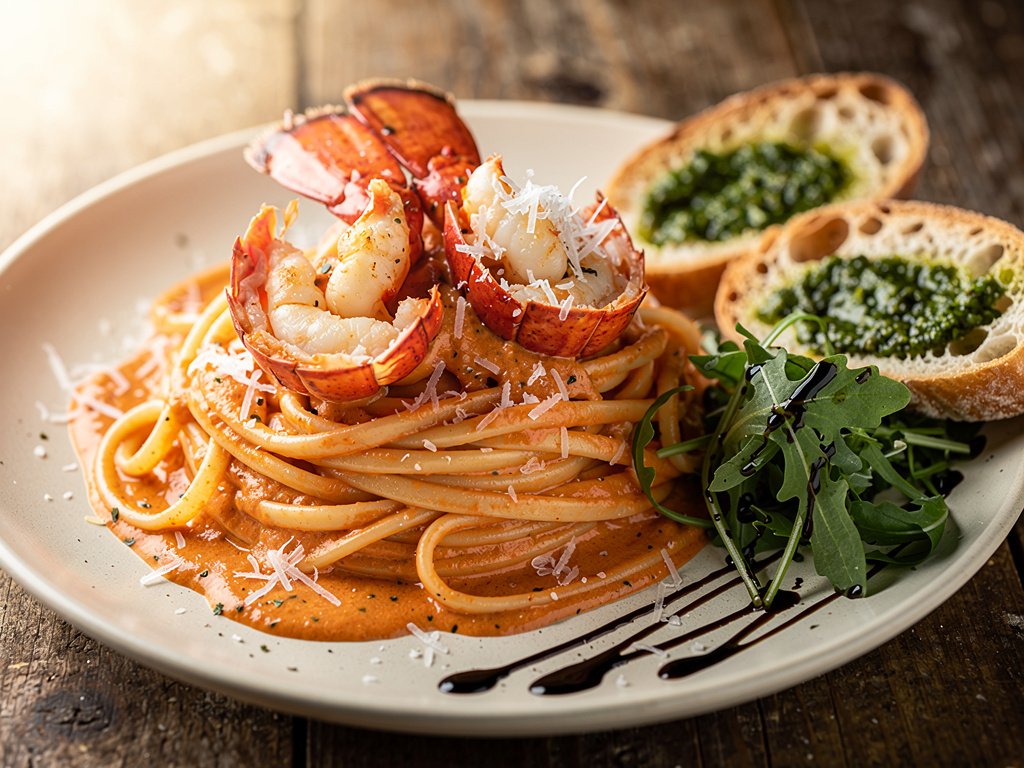 Lobster Linguine with Creamy Tomato Sauce and Pesto Crostini