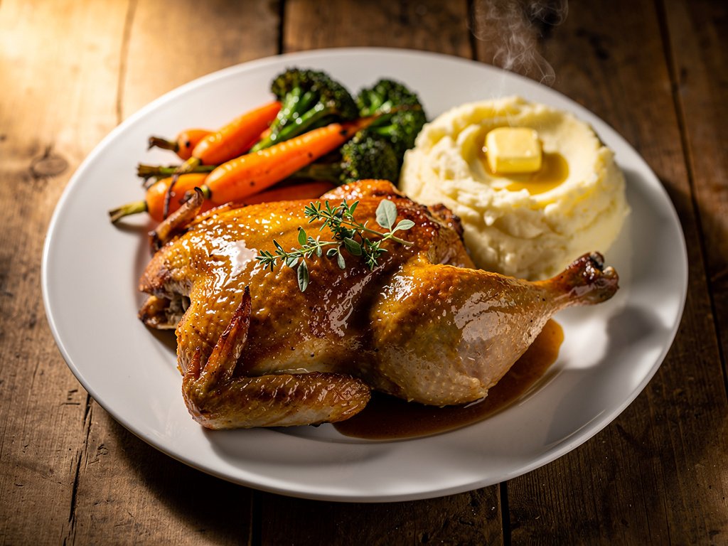 Maple Mustard Glazed Half Chicken with Garlic Herb Mashed Potatoes and Roasted Carrots & Broccoli