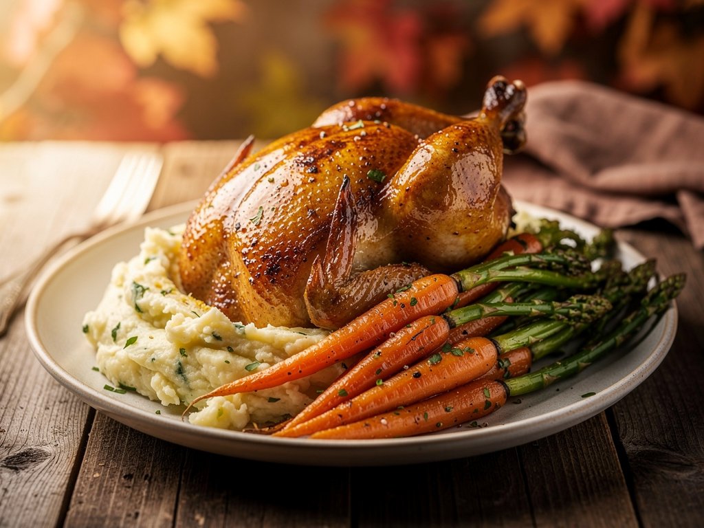 Maple-Mustard Glazed Half Chicken with Garlic Herb Mashed Potatoes and Roasted Asparagus