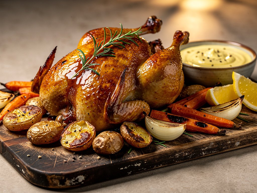 Maple Rosemary Roasted Half Chicken with Fingerling Potatoes and Lemon Pepper Sauce