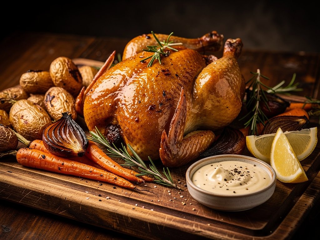 Maple Rosemary Roasted Half Chicken with Fingerling Potatoes and Creamy Lemon Pepper Sauce