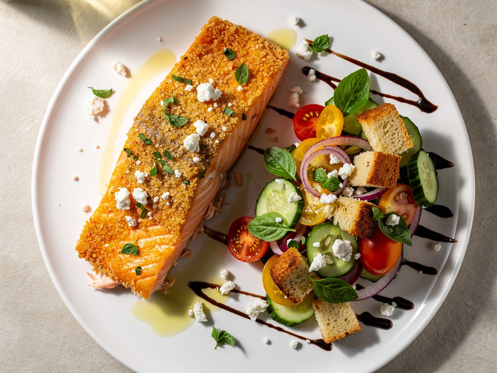 Mediterranean Salmon with Feta Mint Crust and Panzanella Salad