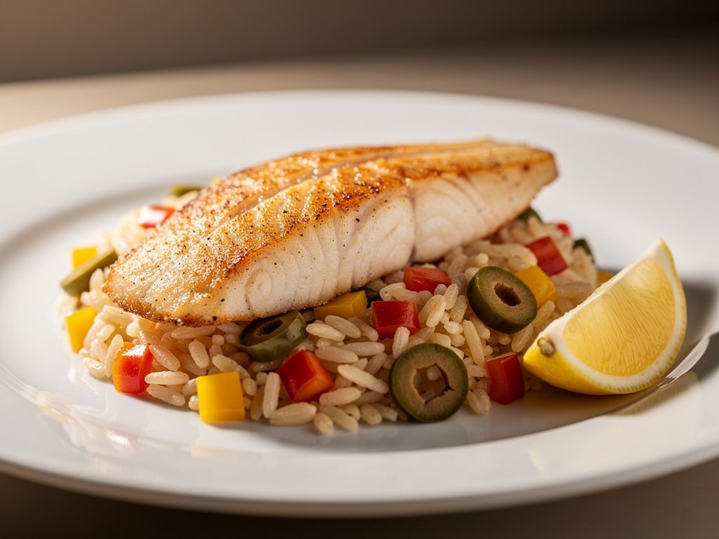 Mediterranean Seared Tilapia with Lemon Rice and Olives