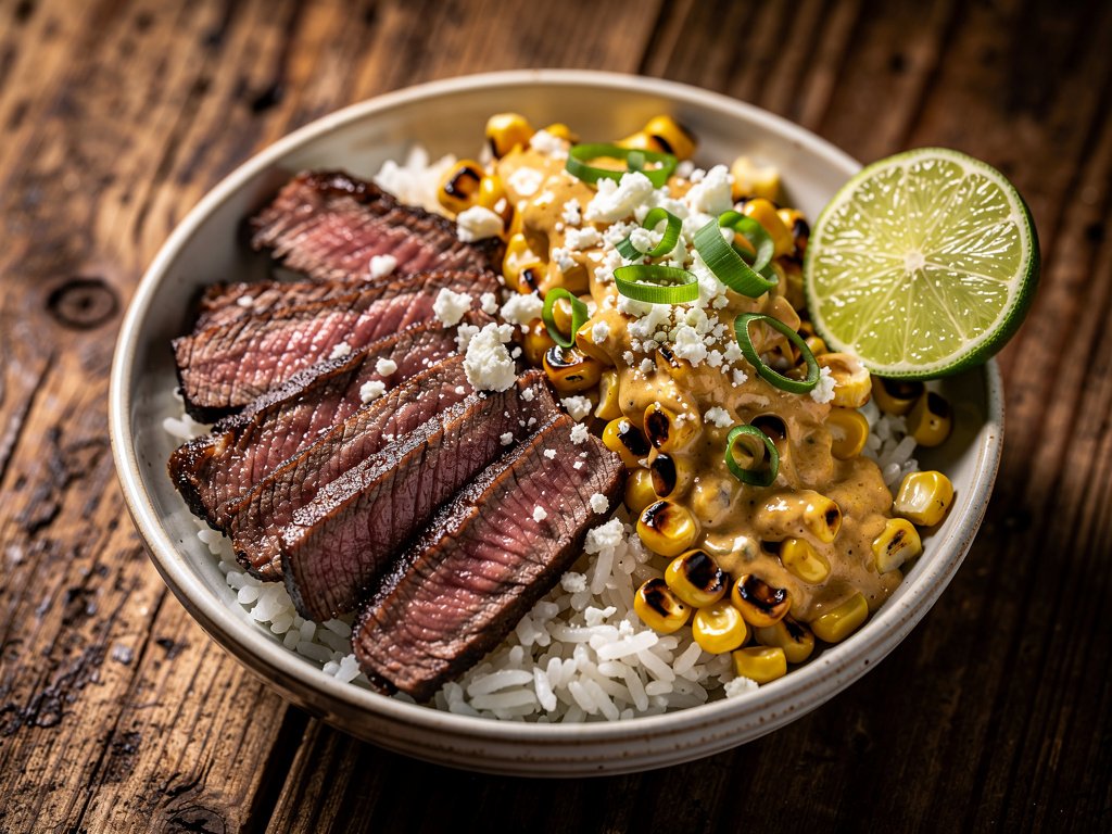 20-Minute Mexican Steak and Street Corn Rice Bowls with Smoky Crema