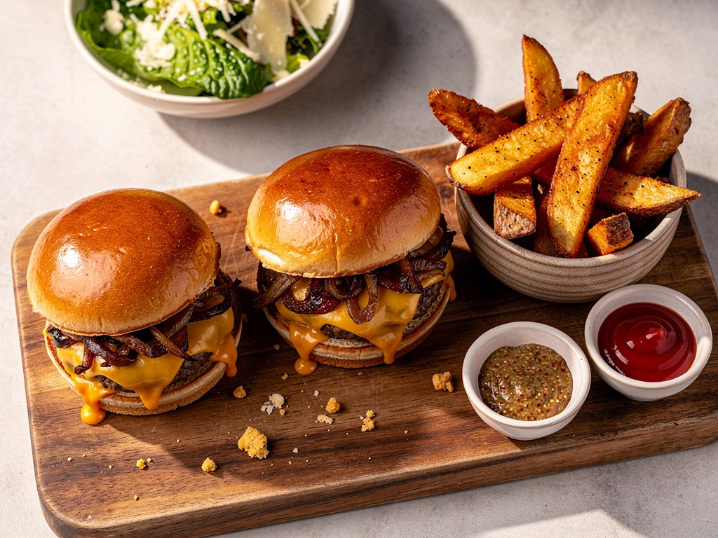 Mini Cheddar Cheeseburgers with Caramelized Onions, Oven Fries, and Caesar Salad
