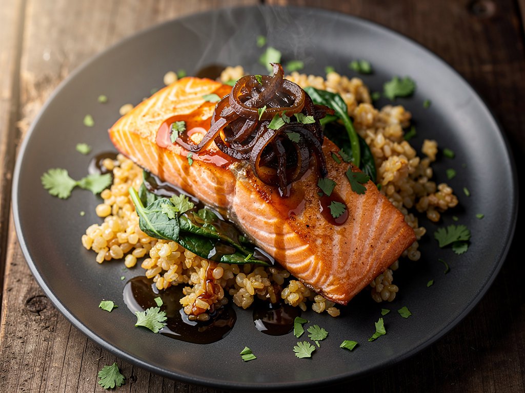 Miso Glazed Salmon Bulgur Bowls with Garlic Ginger Spinach