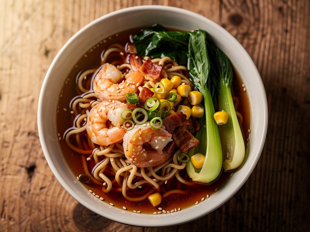 Miso Gochujang Ramen with Sesame Shrimp and Bacon