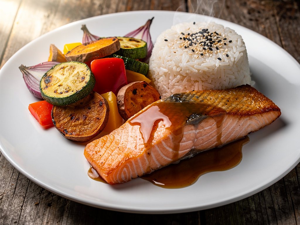 Miso Maple Glazed Salmon with Roasted Sweet Potato and Sesame Rice