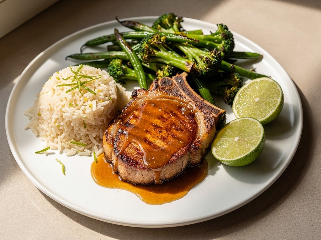 Miso Peach Glazed Pork Chops with Ginger-Lime Rice and Roasted Broccoli