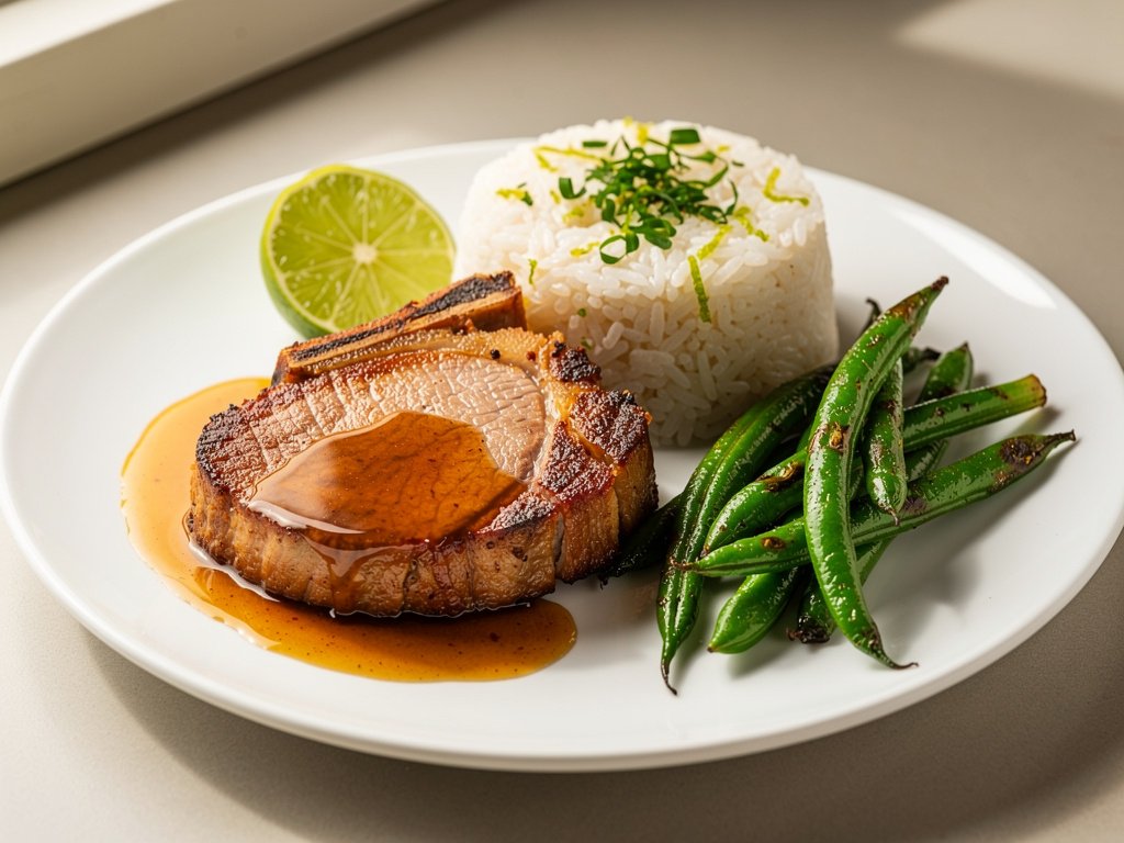 Miso Peach Glazed Pork Chops with Ginger-Lime Rice and Green Beans
