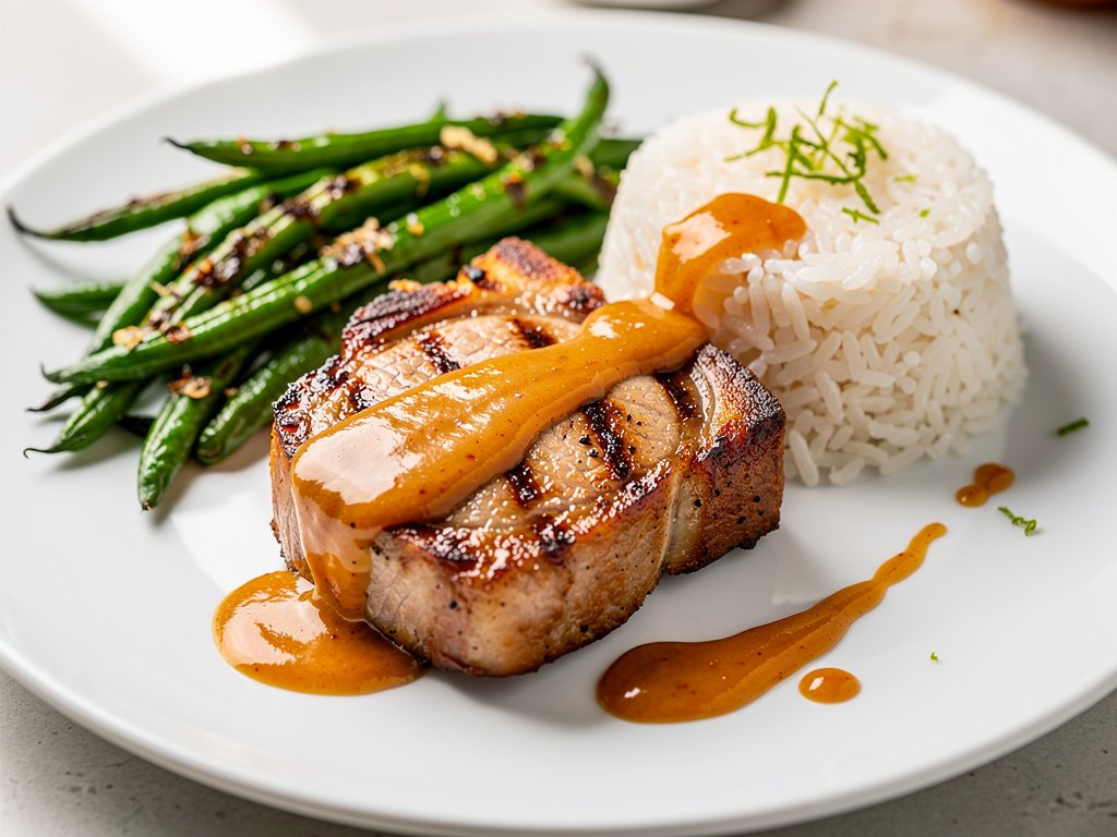 Miso Peach Glazed Pork Chops with Ginger-Lime Rice and Roasted Green Beans